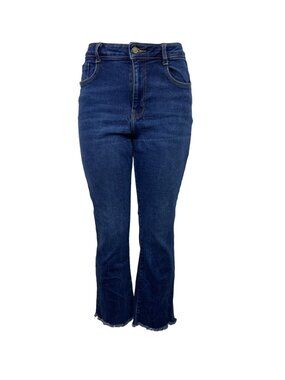 Zara Women's Navy High-Rise Cropped Bootcut Jeans With Frayed Hem Sz M